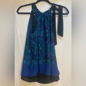 Tahari Womens Halter Top Blue Purple Paisley Bow Neck Layered Chiffon Blouse 0